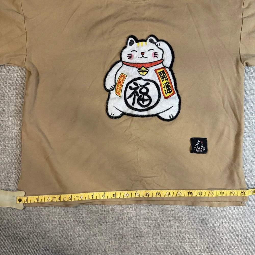 Dolla House Lucky Cat Embroidered T Shirt Tan Maneki Neko Streetwear